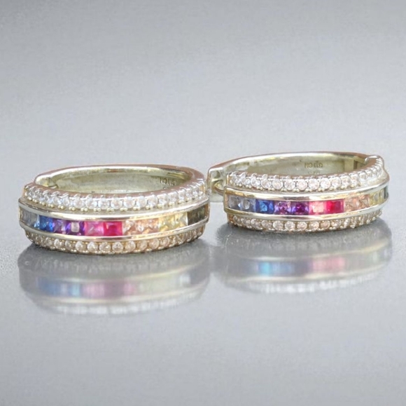 🌈 Vintage 90s Vermeil Sterling Rainbow Gemstone Hoop Earrings - Picture 2 of 8
